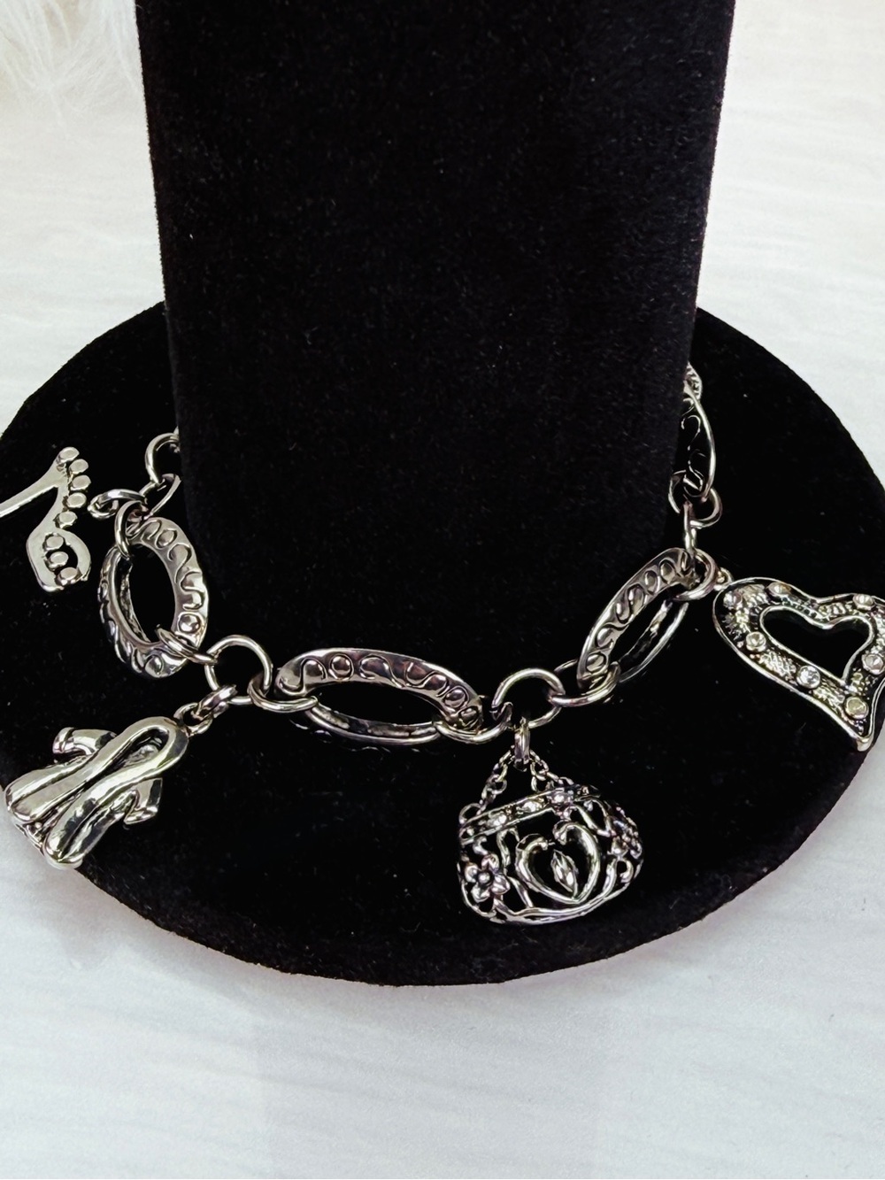 Vintage aged Silvertone metal toggle closure charm bracelet